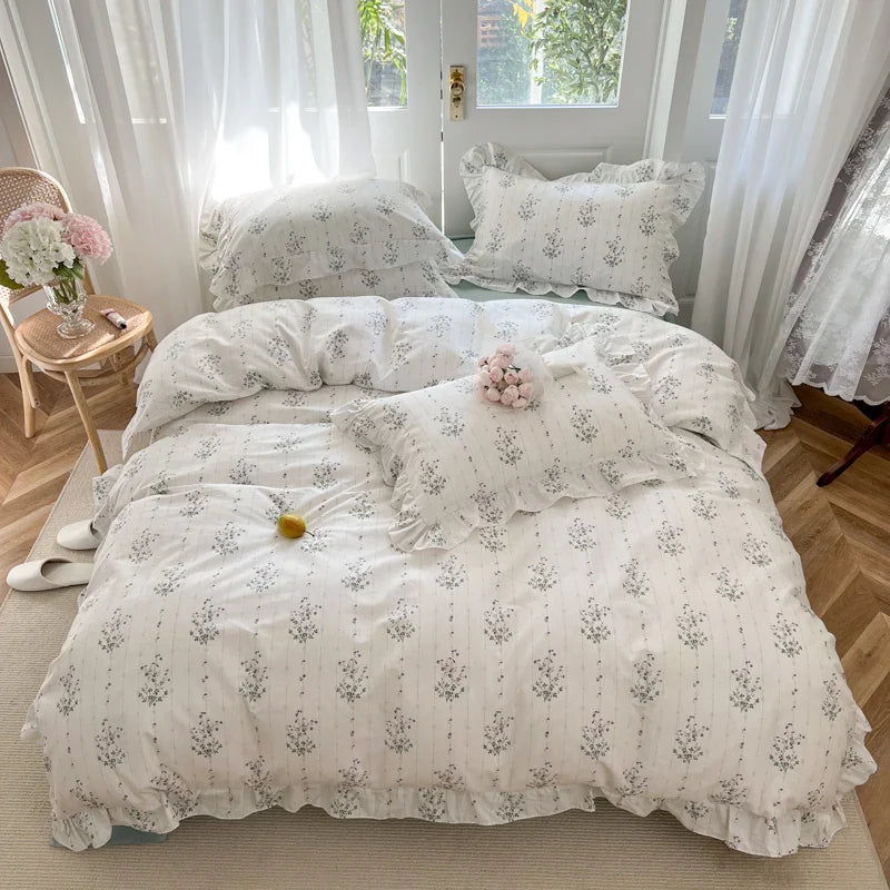 Afralia™ Floral Lace Ruffle Bedding Set, Fresh Flower Single Duvet Cover, 100% Cotton