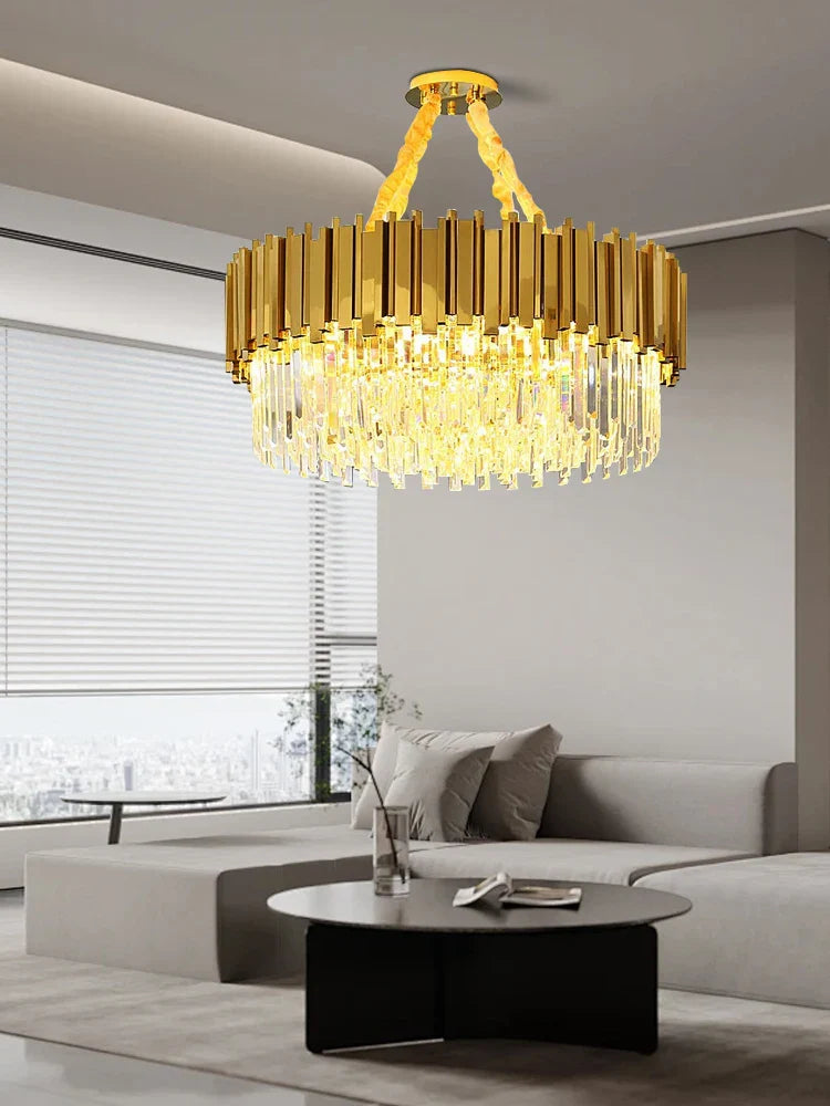 Afralia™ Crystal Chandelier: Dimmable Gold/Black Stainless Steel Hanging Lamp
