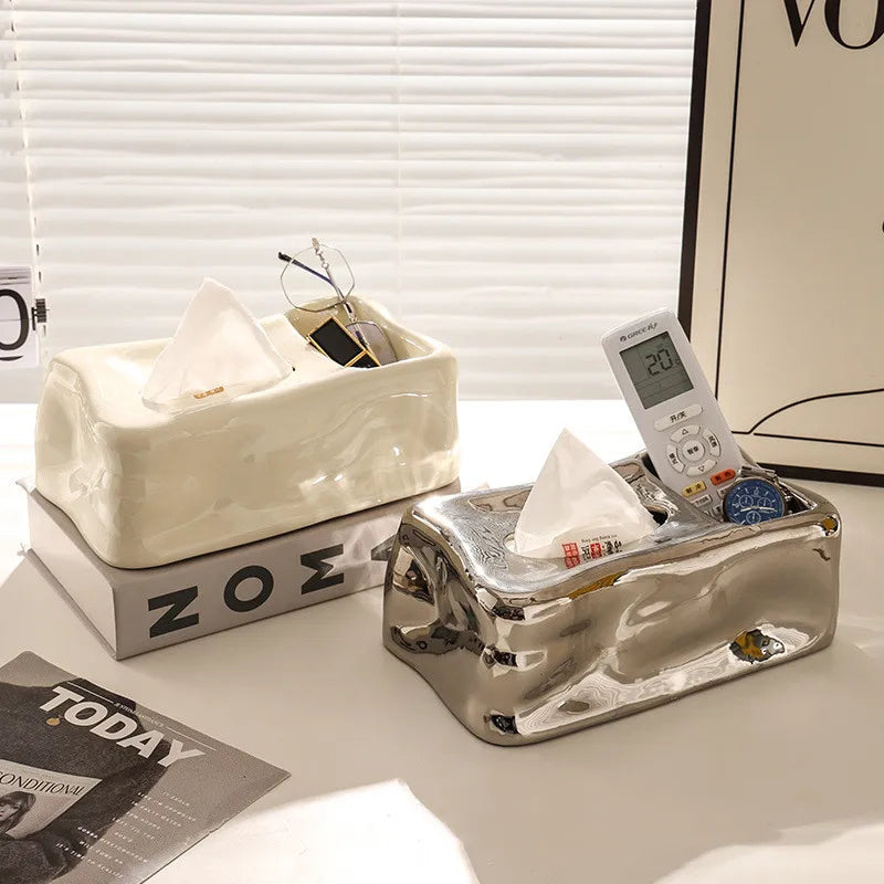 Afralia™ Silver Ceramic Tissue Box & Rabbit Napkin Holder - Home Desktop Storage