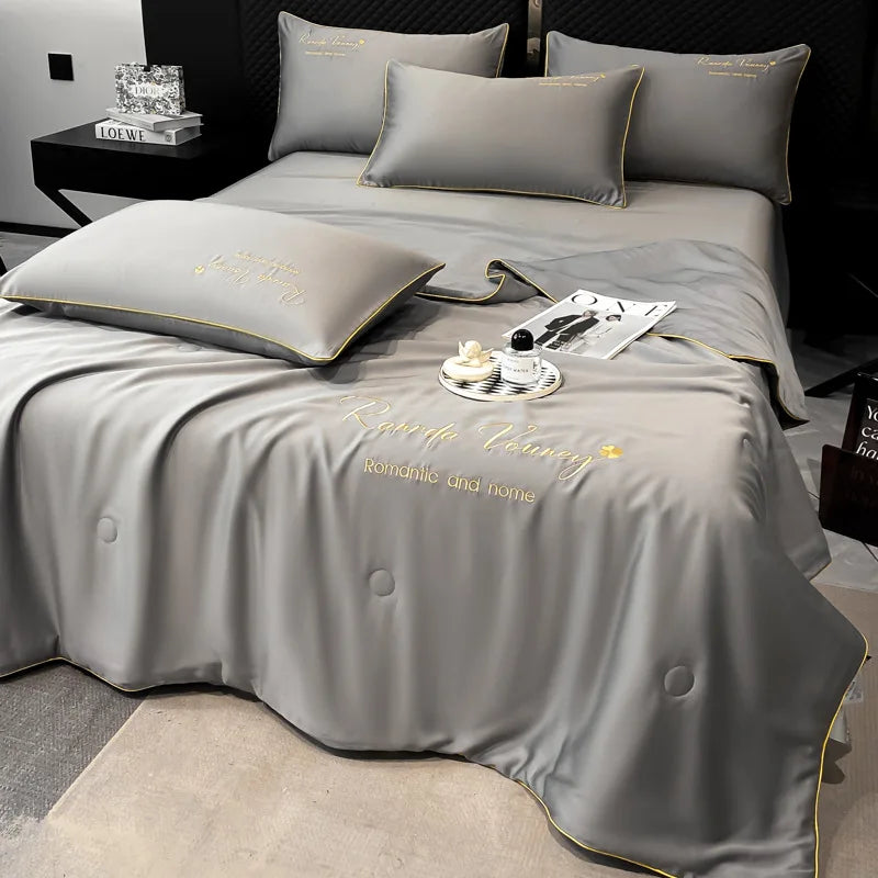 Afralia™ Silk Embroidered Summer Quilt: Smooth, Cooling, Comforter for Bed