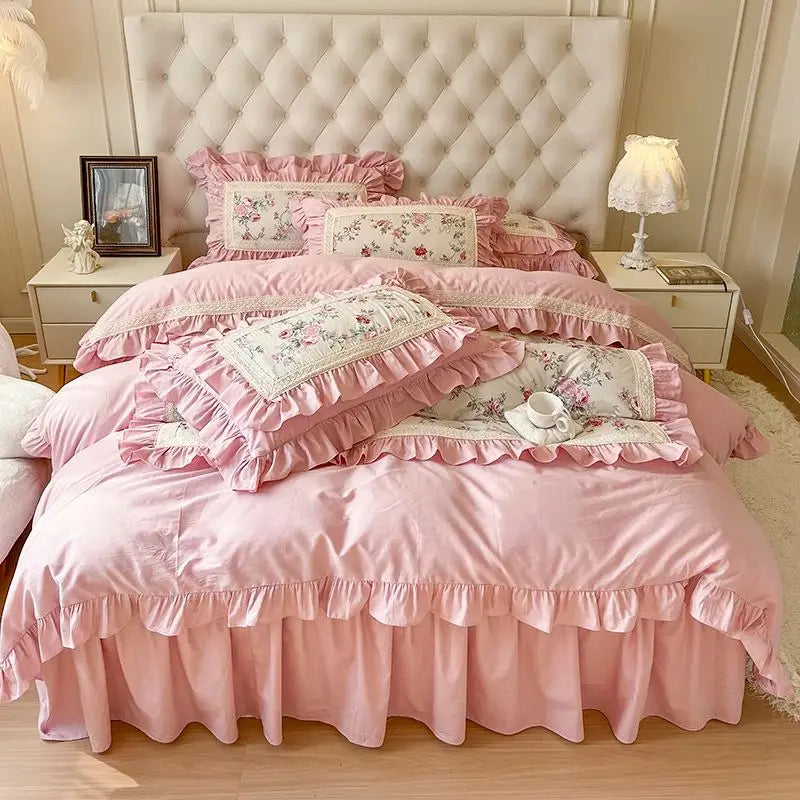Afralia™ Pink Rose Floral Pleat Lace Ruffles 100% Cotton Bedding Set - Various Bed Sizes