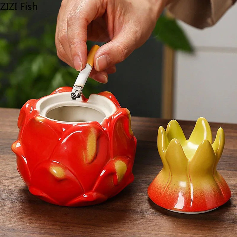 Afralia™ Pitaya Ceramic Ashtray with Lid - Smoking Accessories & Desk Decor