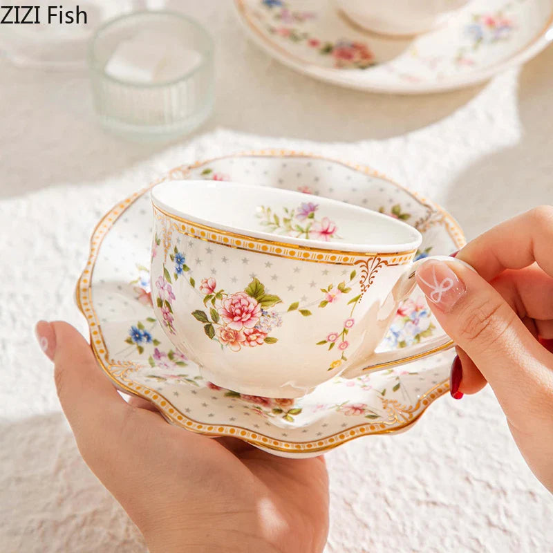 Afralia™ Ceramic Cup & Saucer Set, Gold-Plated Edge, Flower Pattern, Tea & Coffee Mug
