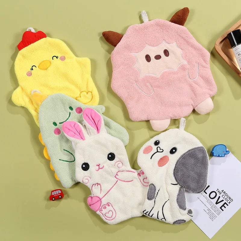 Afralia™ Cartoon Animal Shape Coral Velvet Hand Towel for Kids, Absorbent Kitchen Bathroom Cleaning Towels