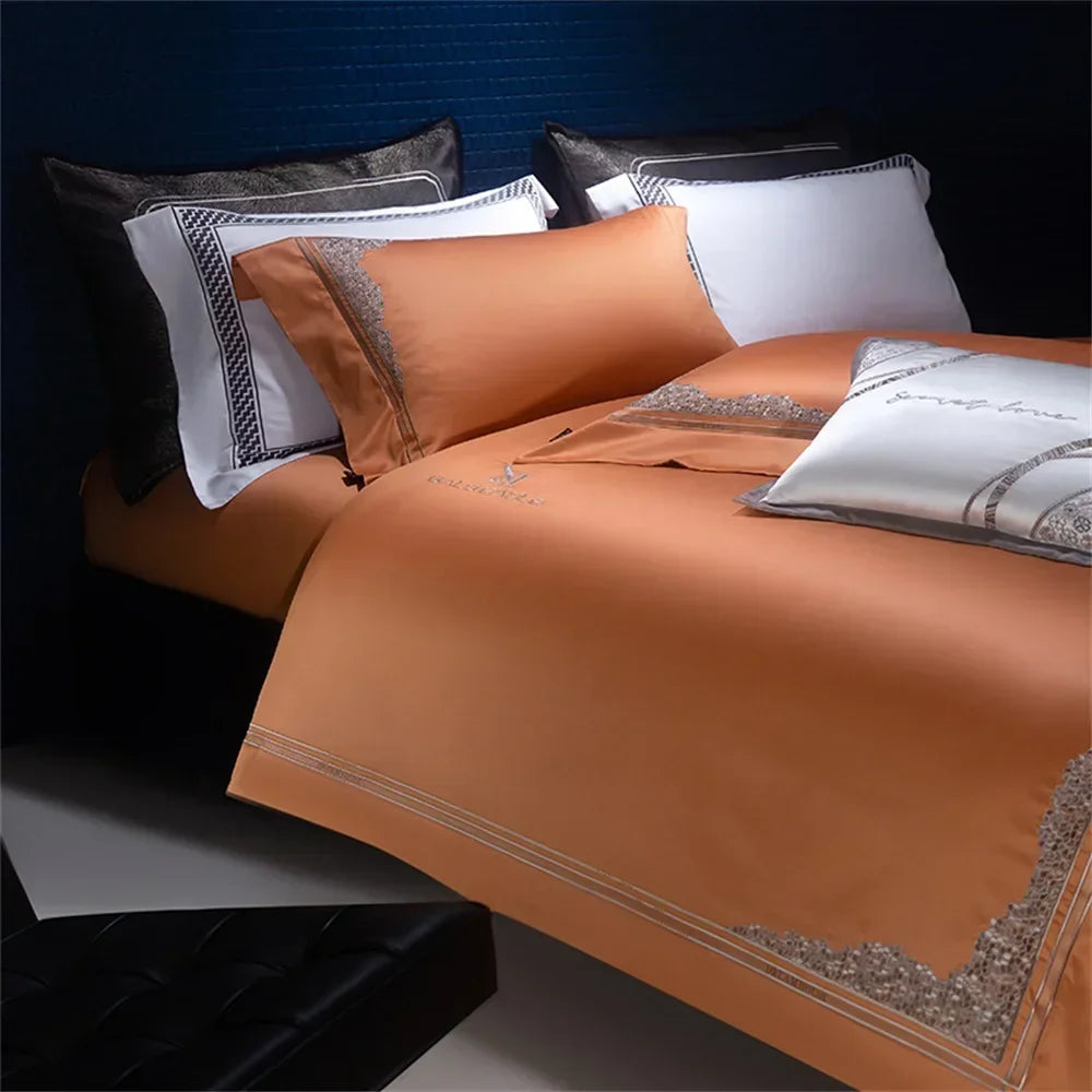 Afralia™ Satin Jacquard Embroidery Bedding Set King Queen with Egyptian Cotton - 4 Piece