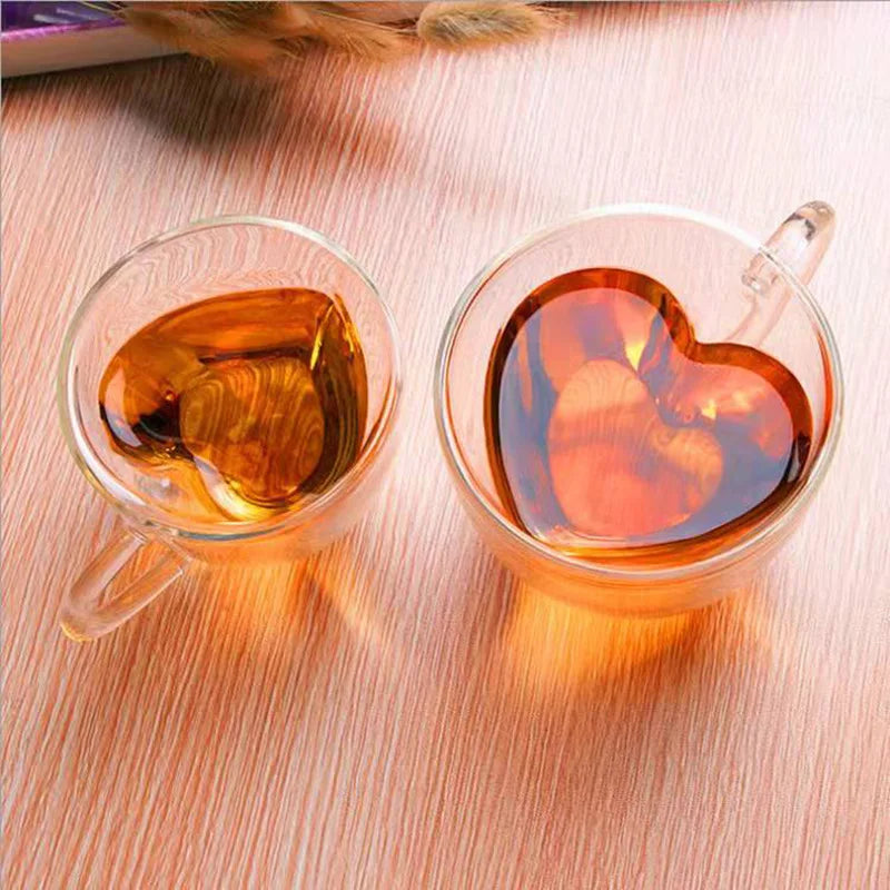 Afralia™ Heart Love Glass Coffee Mug Cup Set for Drinking Tea Juice Water Gift.