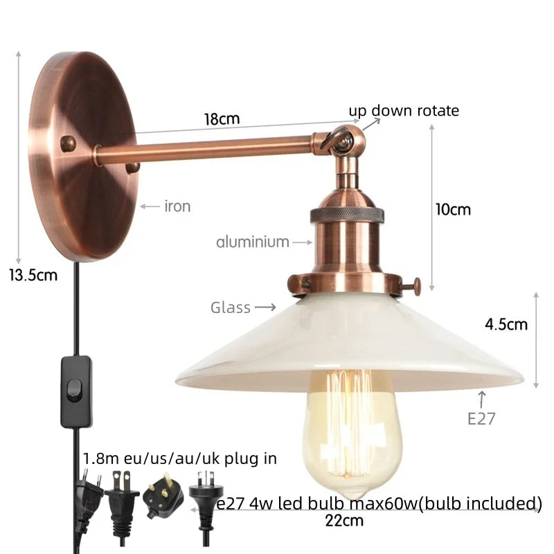 Afralia™ White Glass LED Wall Light Sconce Vintage Bedroom Lamp Industrial Wall Lights