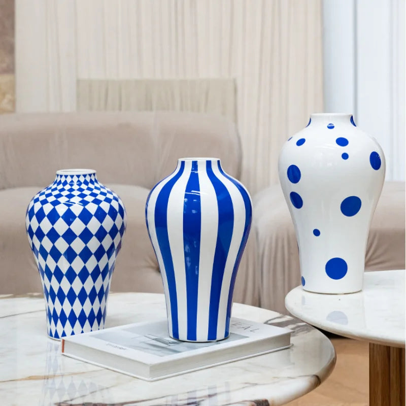 Afralia™ Blue Geometric Quilted Ceramic Vase - Polka Dots Pattern - Home Decor Craft