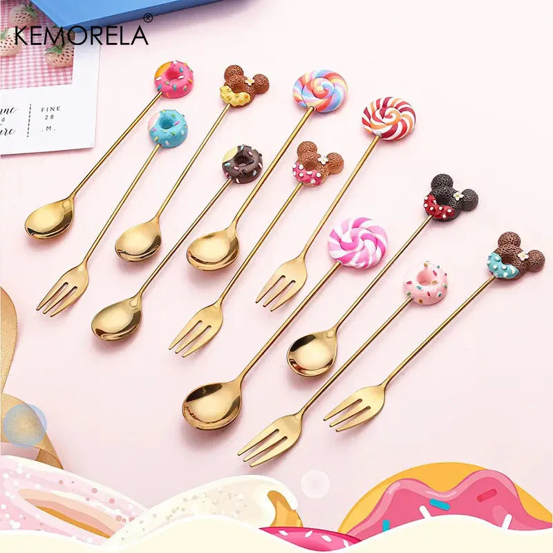 Afralia™ 4PCS Stainless Steel Creative Candy Donut Dessert Fork and Coffee Spoon Set