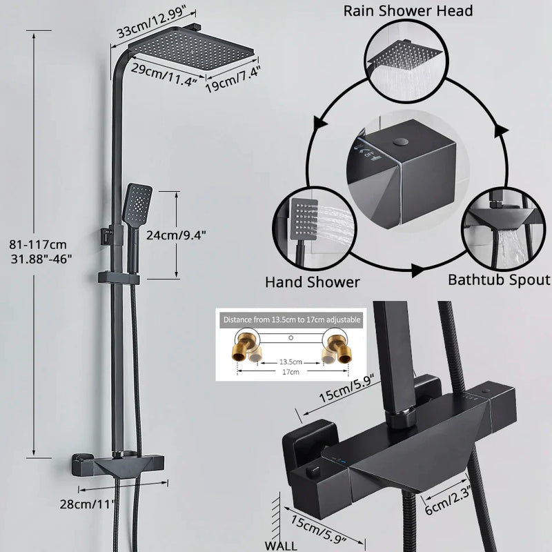 Afralia™ Black Thermostatic Shower Faucet Rain Head System for Wall Mount Installation