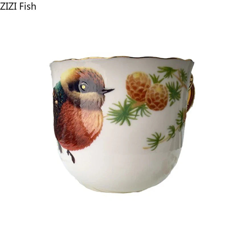 Afralia™ Bird Pattern Ceramic Gold-plated Coffee Mug & Saucer Set