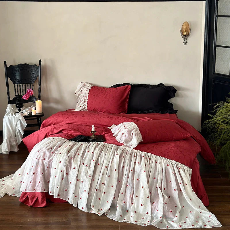 Afralia™ Egyptian Cotton Lace Ruffles Wedding Bedding Set 4-Piece Luxe Collection