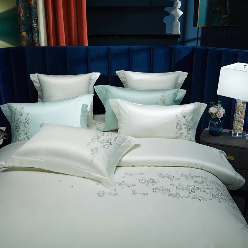 Afralia™ Luxury Floral Embroidered Bedding Set, Egyptian Cotton, Queen/King Sizes, Duvet Cover, Sheet, Pillowcases