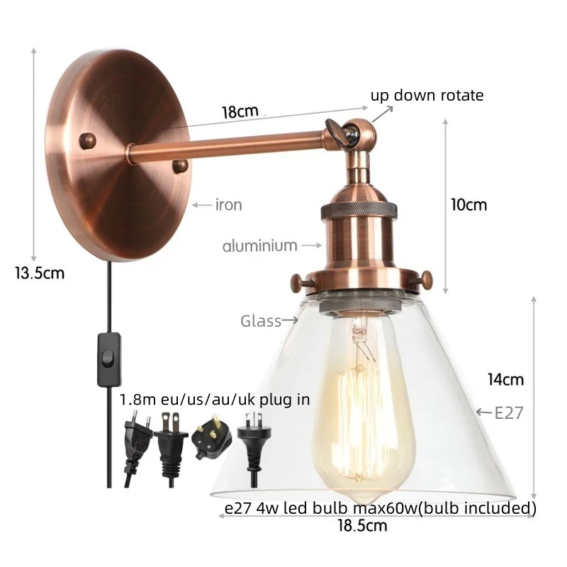 Afralia™ Clear Glass Iron LED Wall Sconce Rustic Industrial Vintage Plug In Light
