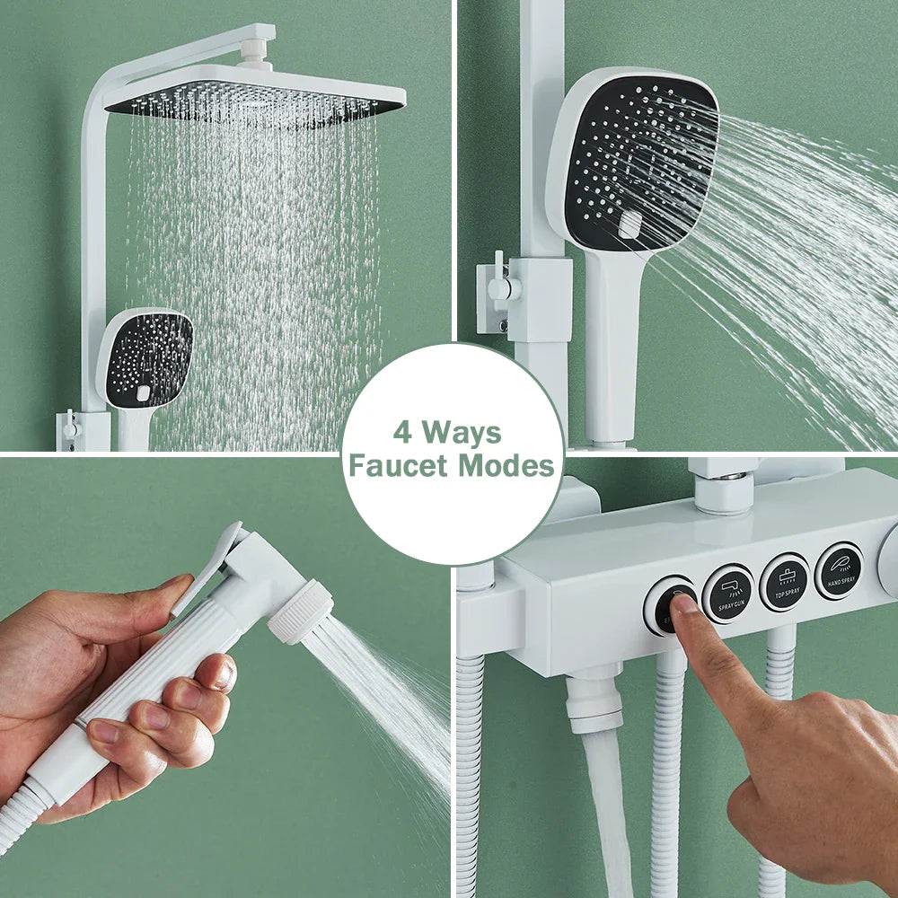 Afralia™ Thermostatic Shower Faucet Set Grey 4 Ways Rainfall Bath Mixer Tap with Tub Spout