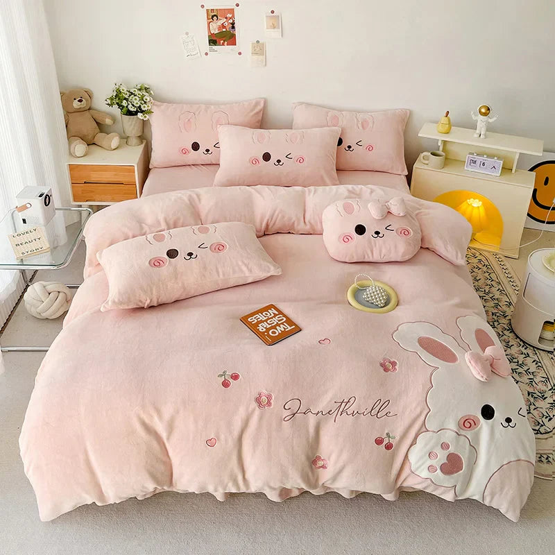 Afralia™ Cartoon Rabbit Applique Embroidery Bedding Set with Velvet Fleece for Cozy Comfort