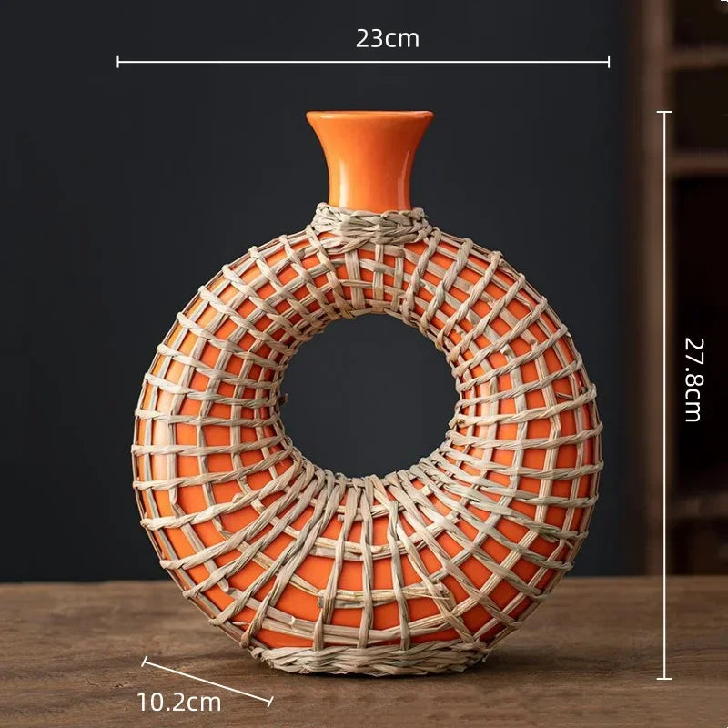 Afralia™ Rattan Vase: Geometric Ceramic & Straw Plaited Floral Arrangement Home Decor