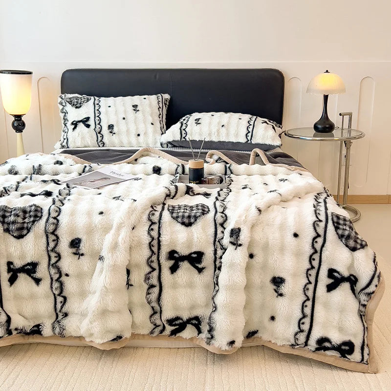 Afralia™ Cartoon Printed Faux Rabbit Plush Thick Blanket for Office Nap and Sofa Warmth