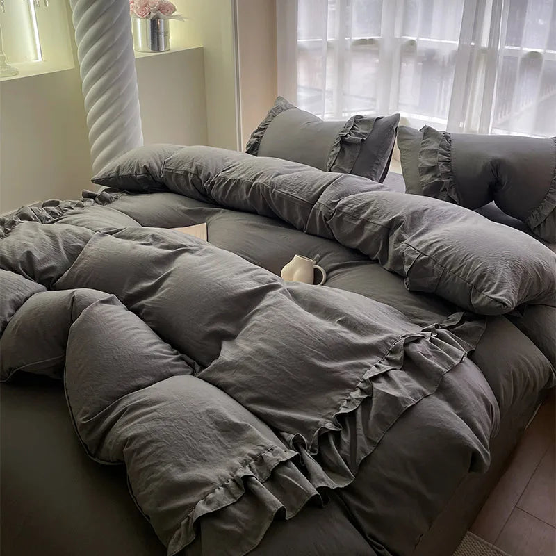 Afralia™ Korean Princess Ruffles Bedding Set - Soft Microfiber, Duvet Cover Pillowcases - All Sizes