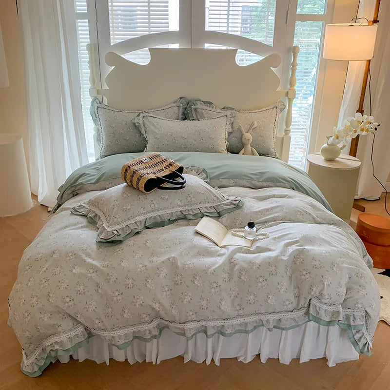 Afralia™ Lace Ruffles Cotton Floral Duvet Set with Pillowcase, Princess Bedding