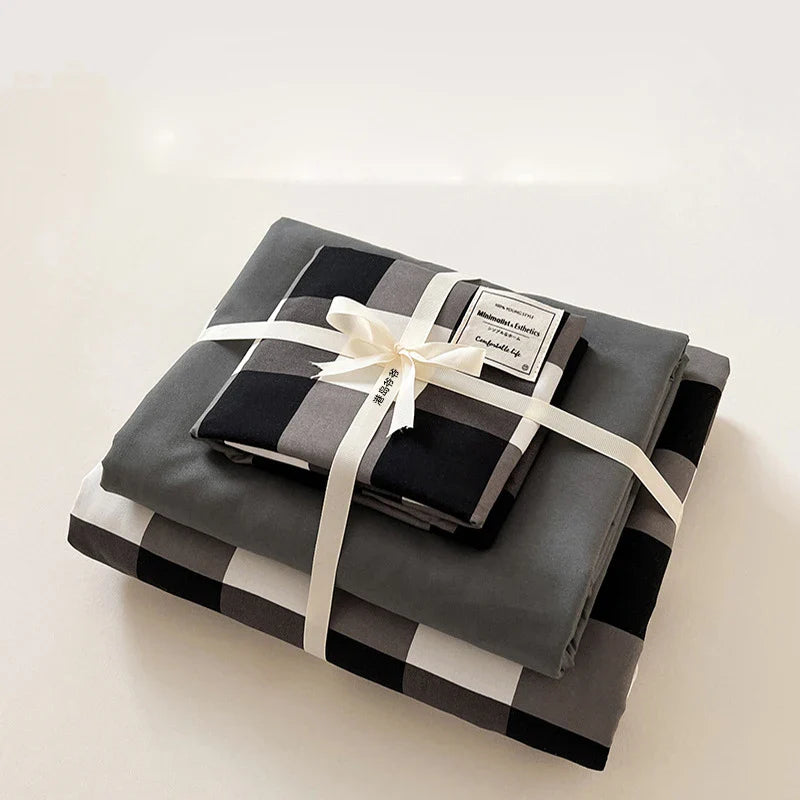 Afralia™ Japanese Grid Printed Cotton Bedding Set in Queen/King for Cozy Sleep