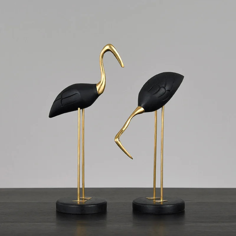 Afralia™ Wooden Crane Swan Brass Sculpture Home Decor Figurine