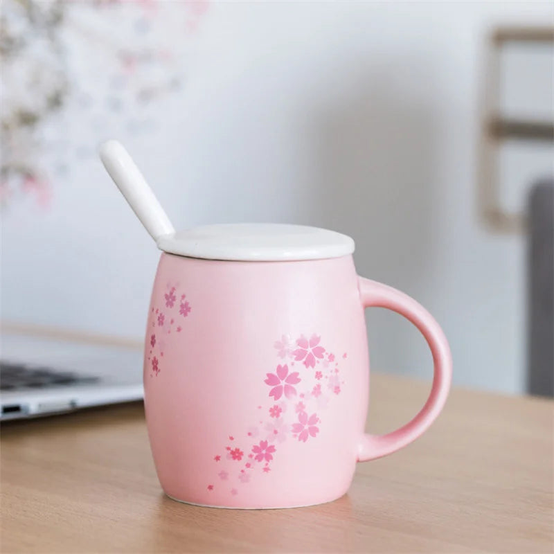 Afralia™ Cherry Blossom Ceramic Coffee Mug with Lid and Spoon