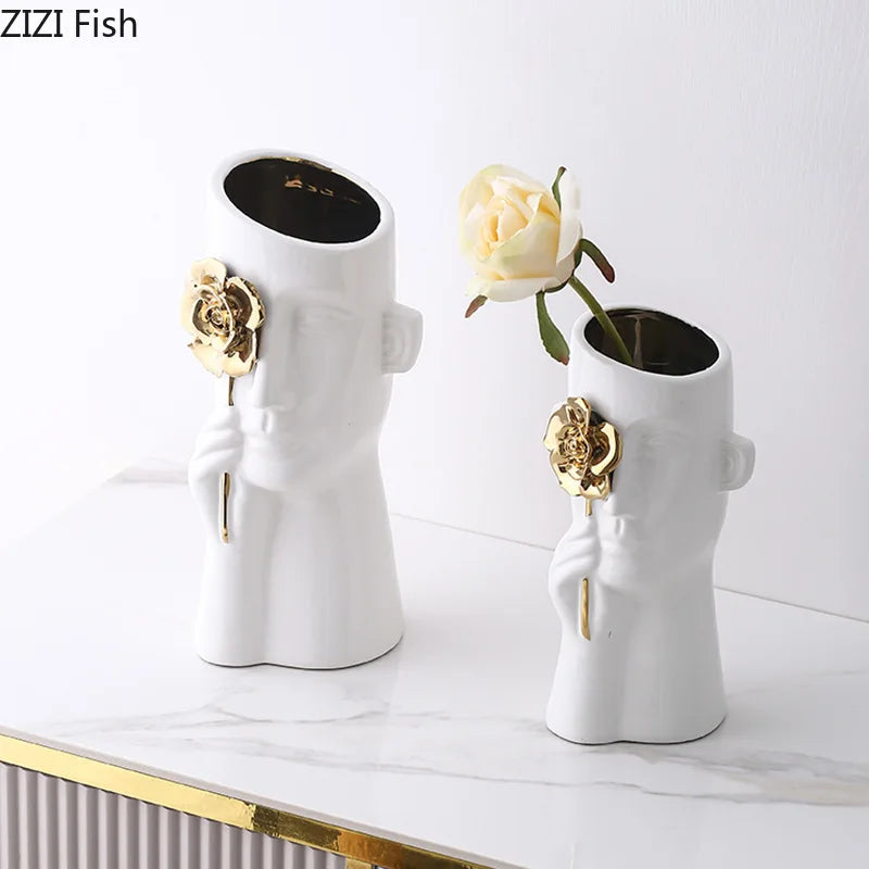 Afralia™ Gold Rose Relief Ceramic Vase, Elegant Desk Floral Vase for Room Decor