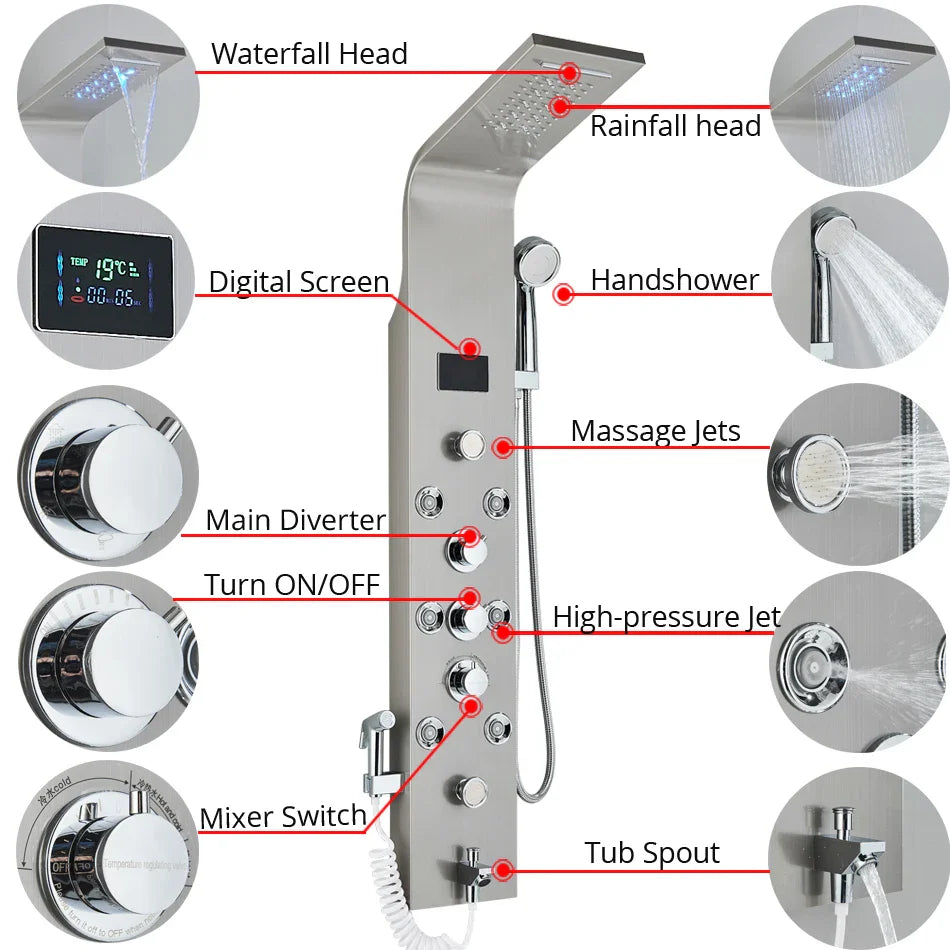 Afralia™ LED Rainfall Shower Panel System Black/Brushed Finish