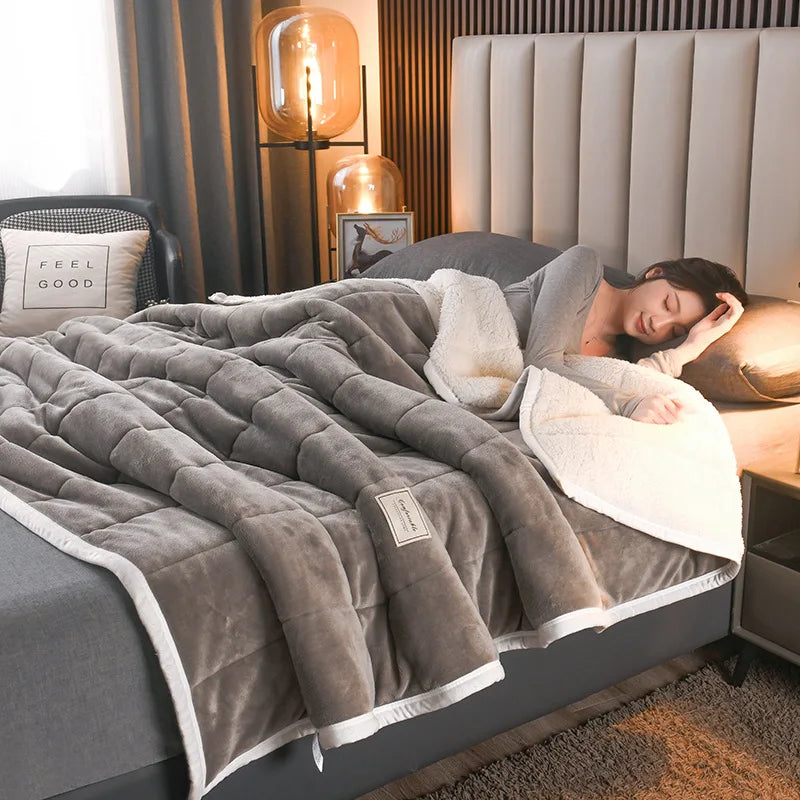 Afralia™ Cozy Coral Fleece 3-Layer Bed Blanket for Autumn & Winter Warmth