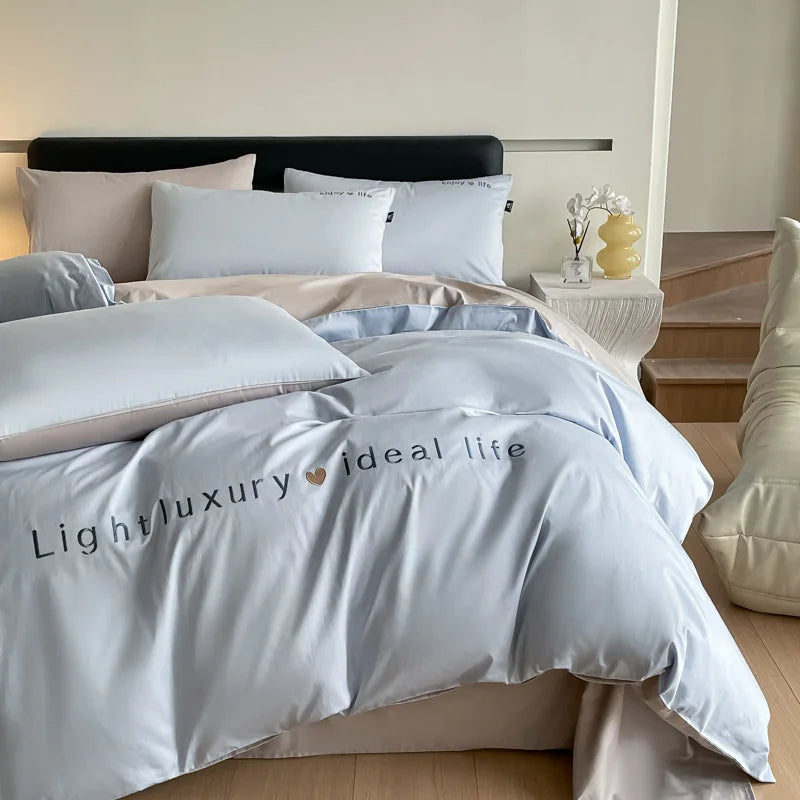 Afralia™ 120S Long Staple Cotton Satin Embroidery Bedding Set - Solid Color Twin Full Double Comforter