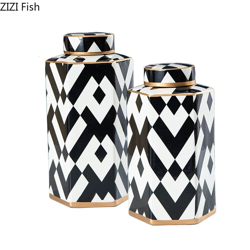 Afralia™ Striped Ceramic Storage Jar Household Vase Candy Container Modern Geometric Decoration