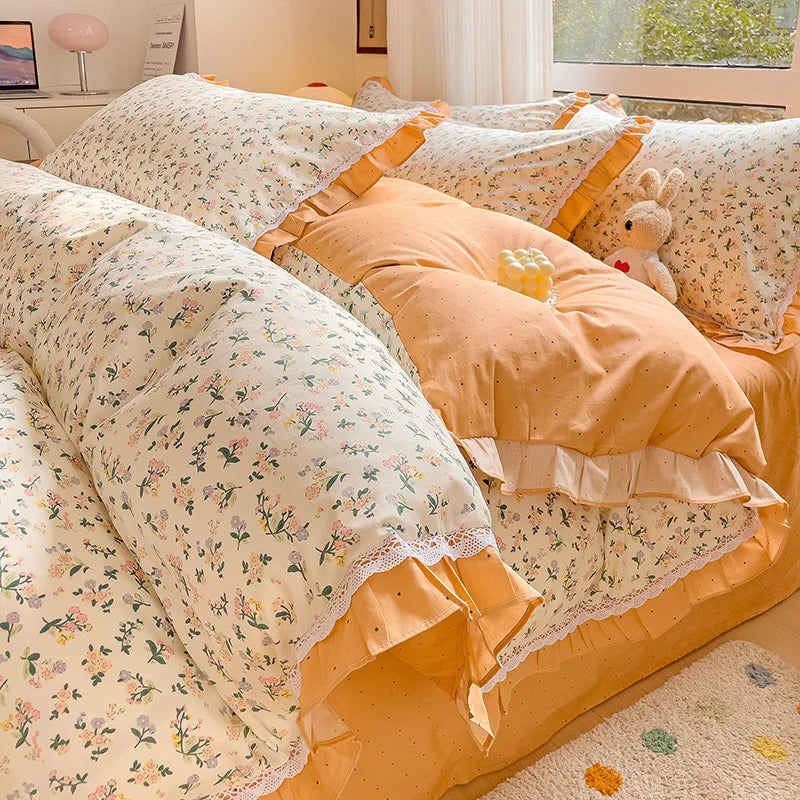 Afralia™ Floral Ruffles Bedding Set with Duvet Cover, Sheets, and Pillowcases