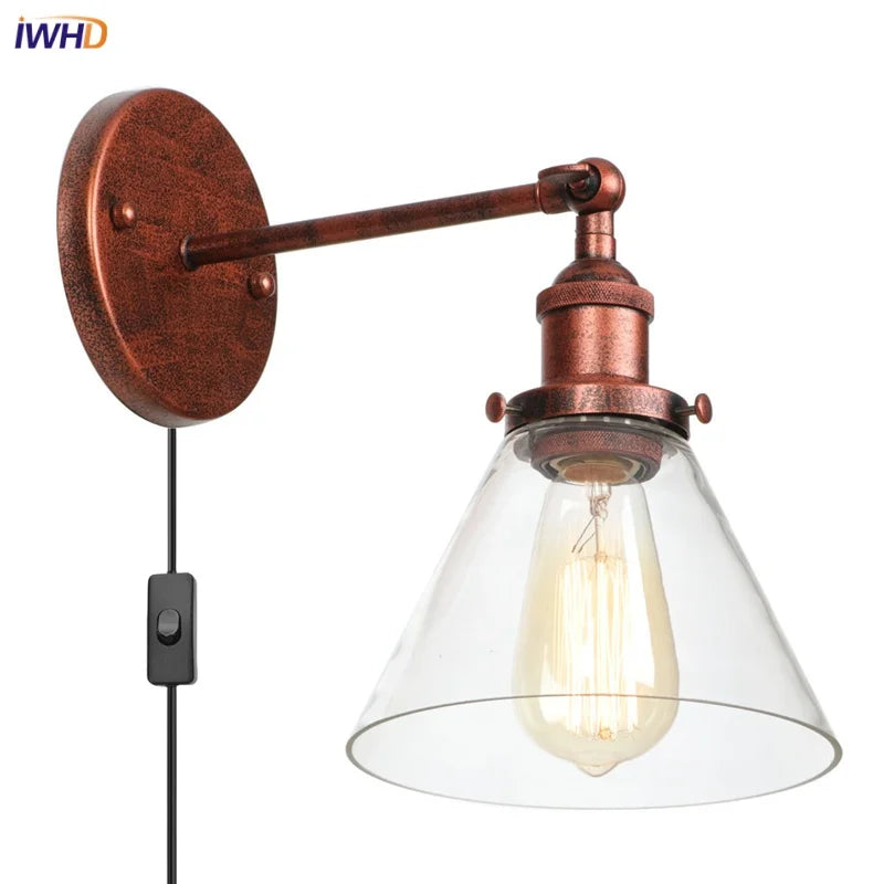 Afralia™ Clear Glass Iron LED Wall Sconce Rustic Industrial Vintage Plug In Light
