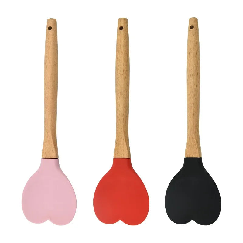 Silicone Heart Spatula with Wooden Handle by Afralia™: Baking & Cooking Utensil