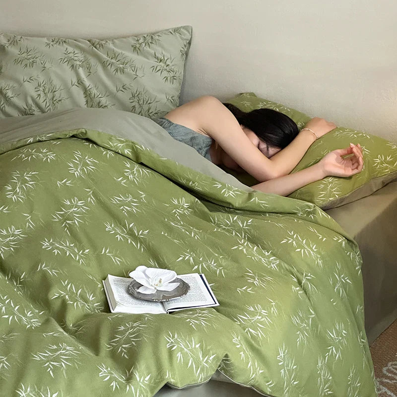 Afralia™ Bamboo Leaf Jacquard Bedding Set: Soft & Comfortable Quilt Set, 100% Cotton, Green, Adult & Kids.