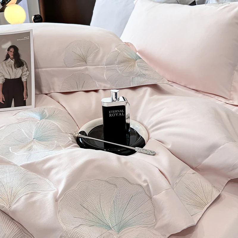 Afralia™ Pink Luxury Flower Embroidery 4-Piece Bedding Set - 1000TC Egyptian Cotton