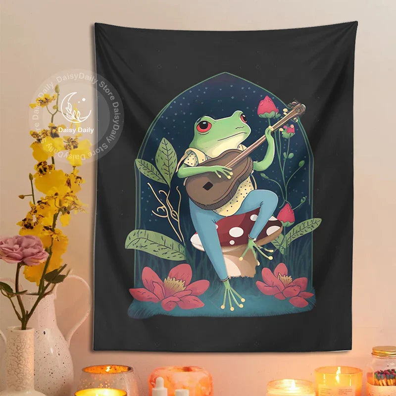 Afralia™ Psychedelic Frog Guitar Tapestry | Botanical Hippie Wall Cloth