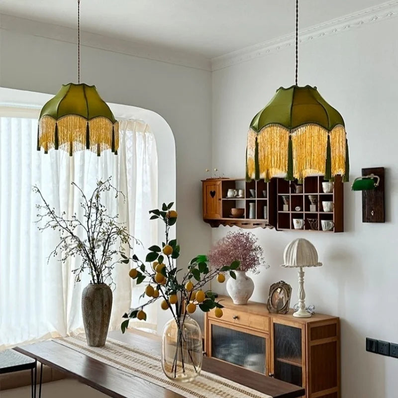 Afralia™ Green Tassel LED Pendant Light - American Vintage Hanging Lamp for Home and Café.