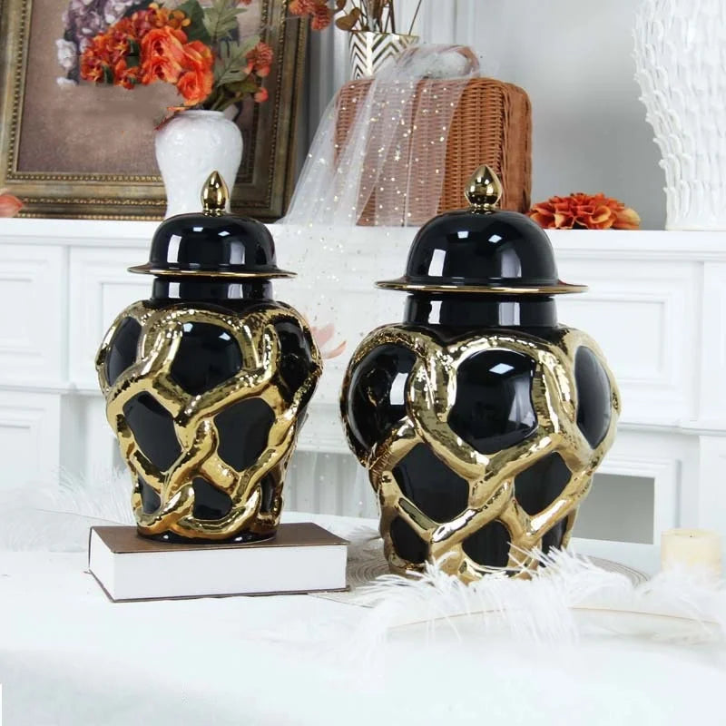 Afralia™ Checkmate Ceramic Jar with Gold Cross Cord, Porcelain Flower Vase and Storage Tank