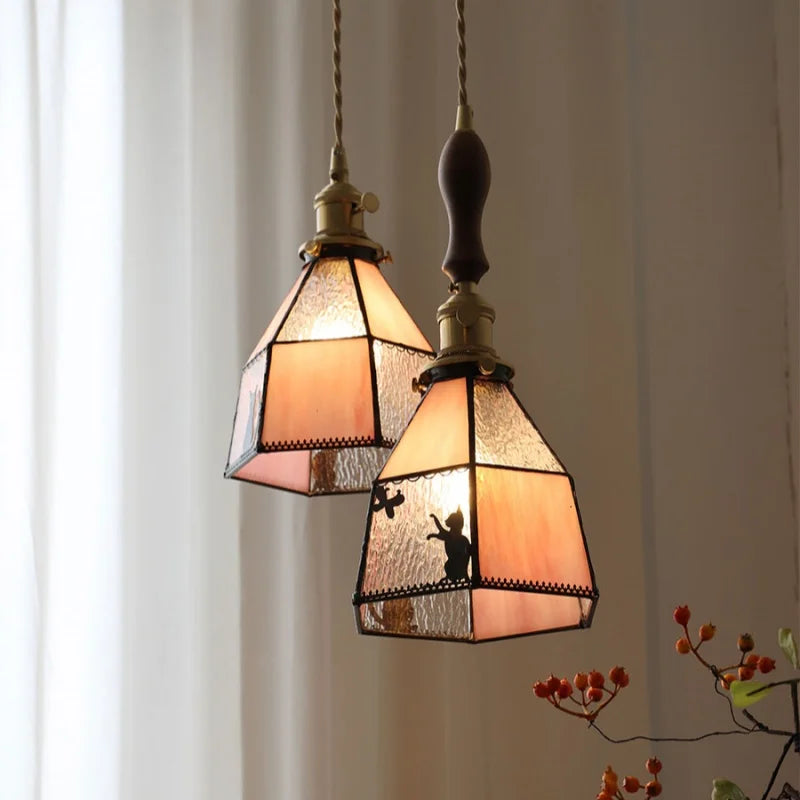 Afralia™ Tiffany Glass LED Pendant Lamp Walnut Knob Switch Vintage Hanging Light