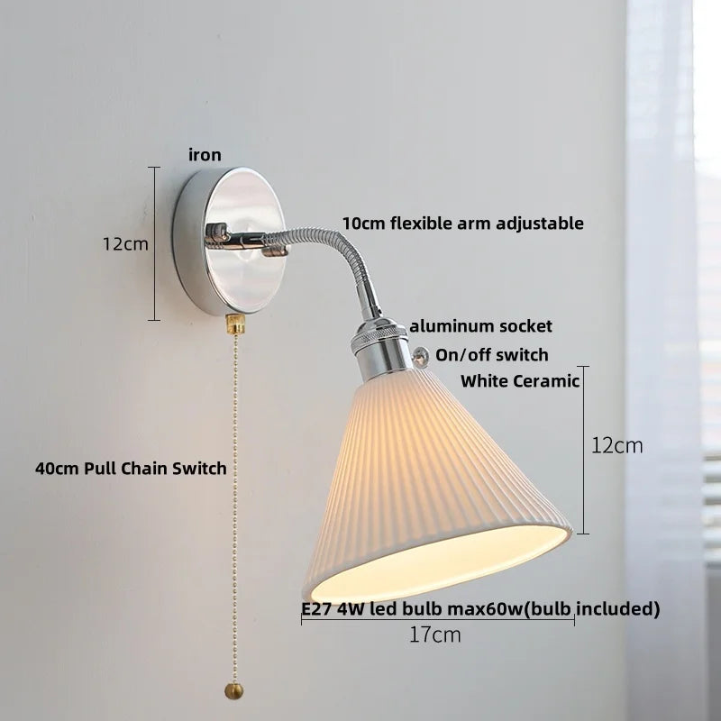 Afralia™ Adjustable Arm LED Wall Light Fixture with Pull Chain Switch, White Glass