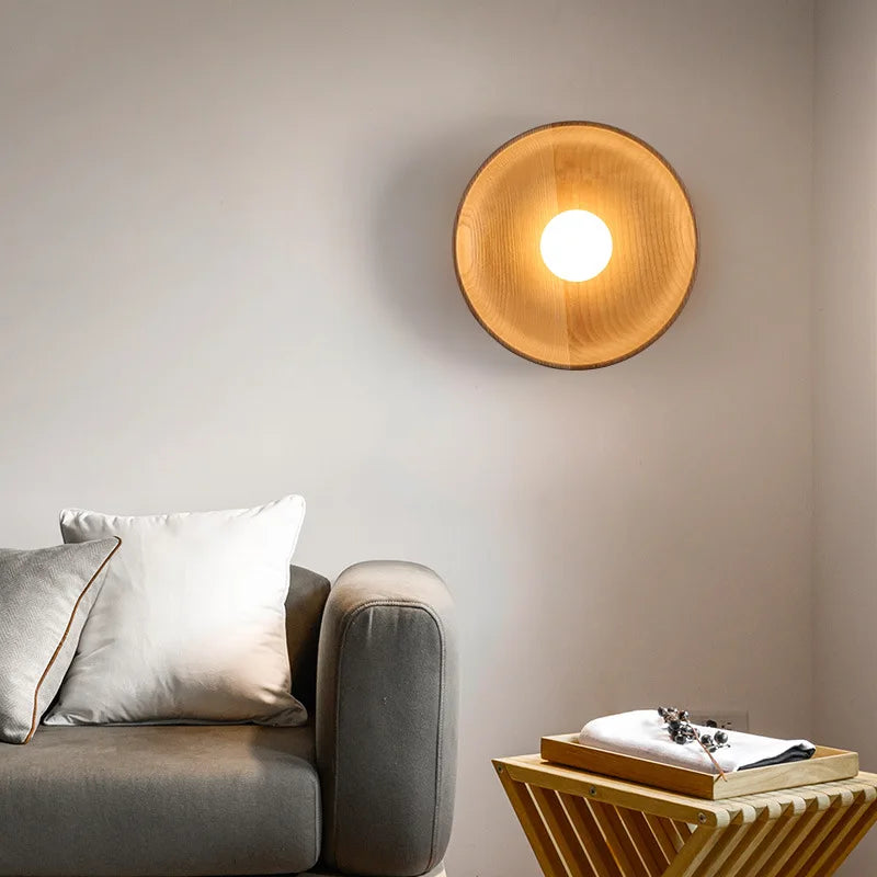 Afralia™ Wood Round Plate Wall Lights LED Nordic Modern Sconce for Home Décor