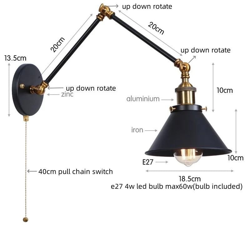 Afralia™ Industrial Loft LED Wall Lamp Black Vintage Swing Arm Mirror Light