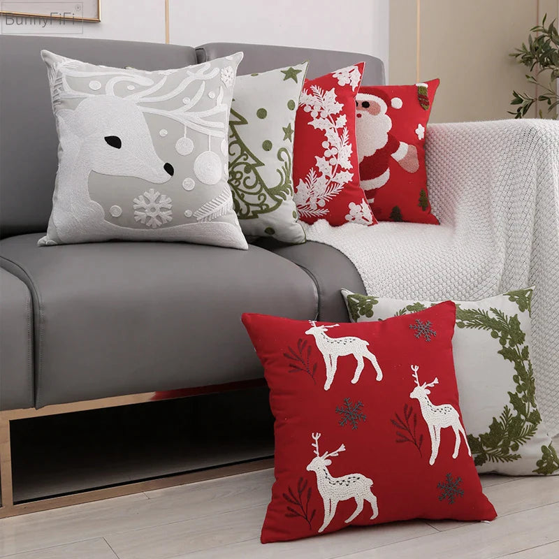 Afralia™ Christmas Snowflake Deer Cushion Cover Green Red Square Embroidery Pillow Case 45x45cm