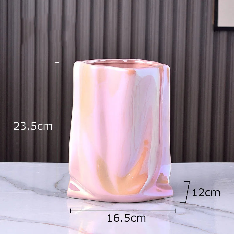 Afralia™ Gold Plated Pleated Texture Ceramic Vase for Desk Decor and Flower Arrangements