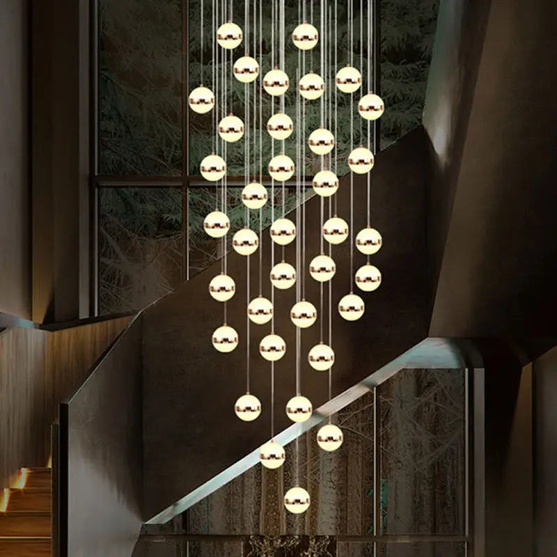 Afralia™ Round Ball Acrylic Chandelier Staircase LED Gold Lighting Fixtures