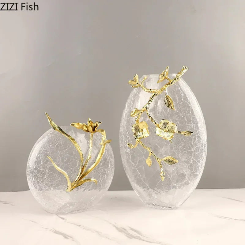 Afralia™ Golden Flower Glass Vase Desk Decoration, Aesthetic Floral Vases, Room Decor
