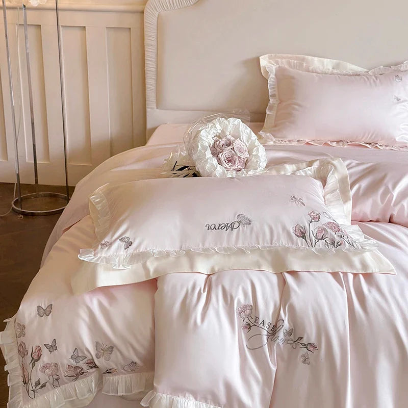 Afralia™ Pink Butterfly Flowers Embroidered Lace Bedding Set - 1000TC Egyptian Cotton