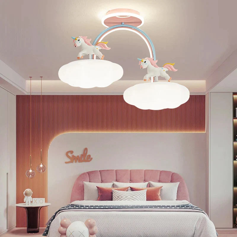 Afralia™ Unicorn Cloud Princess Room Ceiling Light with Remote Control, Pink Chandelier